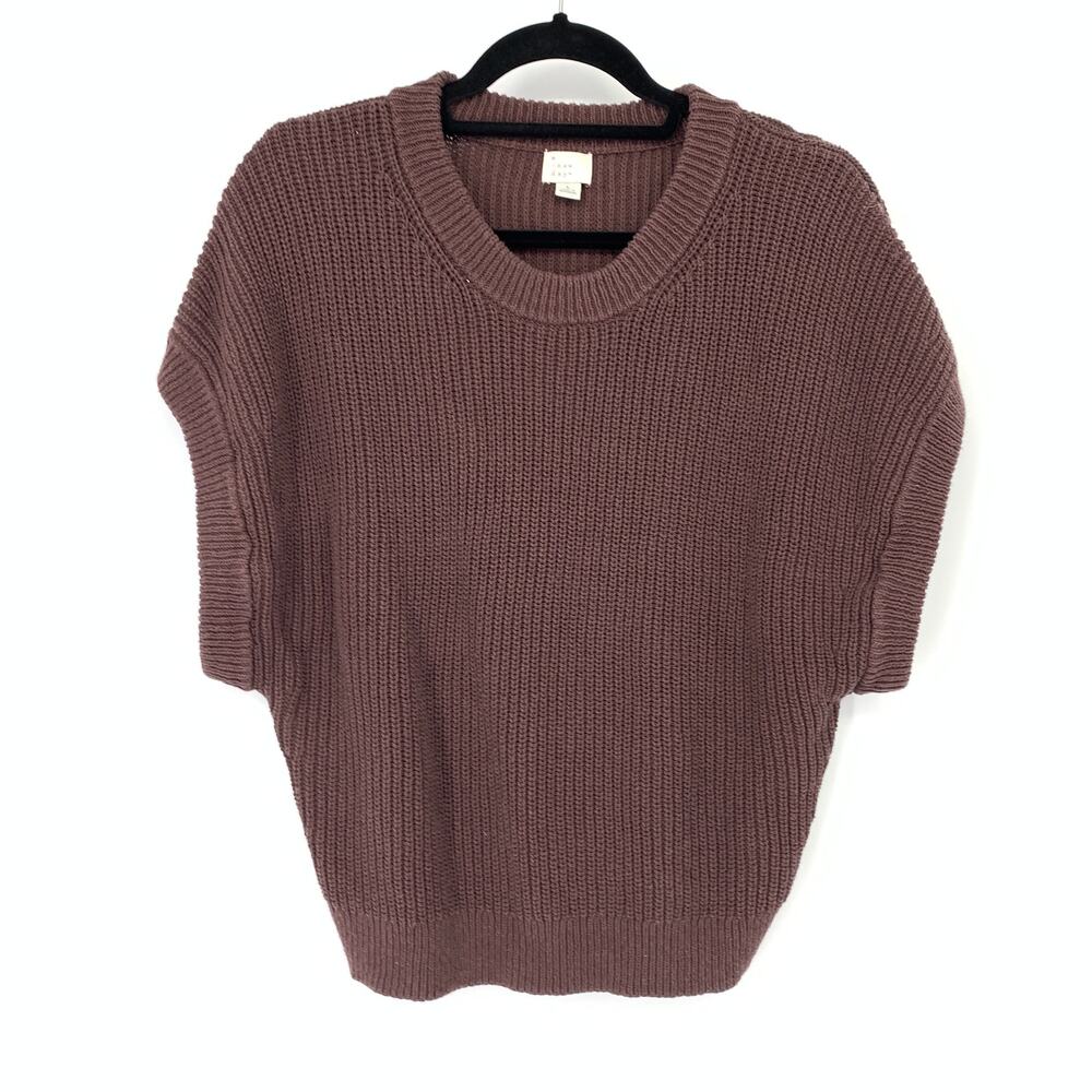 A New Day Cap Sleeve Shaker Knit Sweater Womens Large Brown Ribbed High-Low Hem